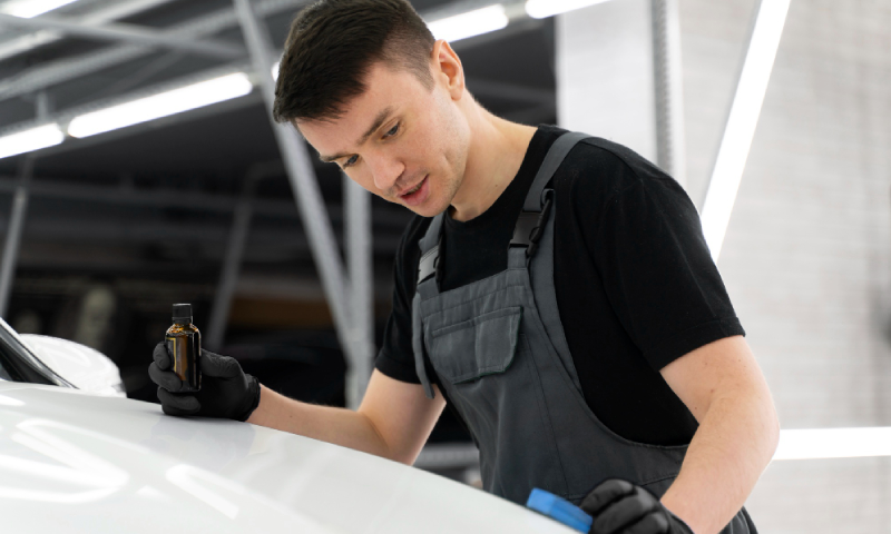 Close up on car care process