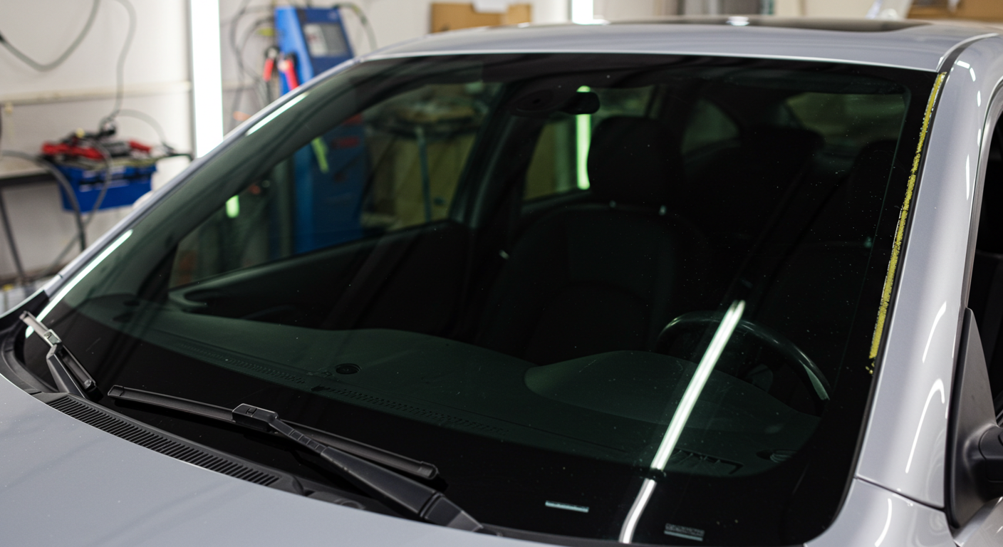 A person in black gloves using a blue sponge to apply detailing product on a dark car surface, focused on automotive care